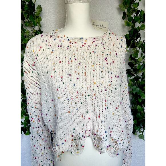 Morgan Claire White & Multicolor Distressed Open Knit Sweater Women's Medium NWT - Picture 3 of 10